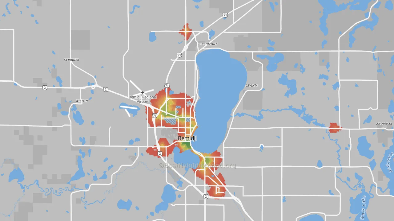 Walk Grade map of 56601, MN, walkable areas in green and car-dependent areas in red