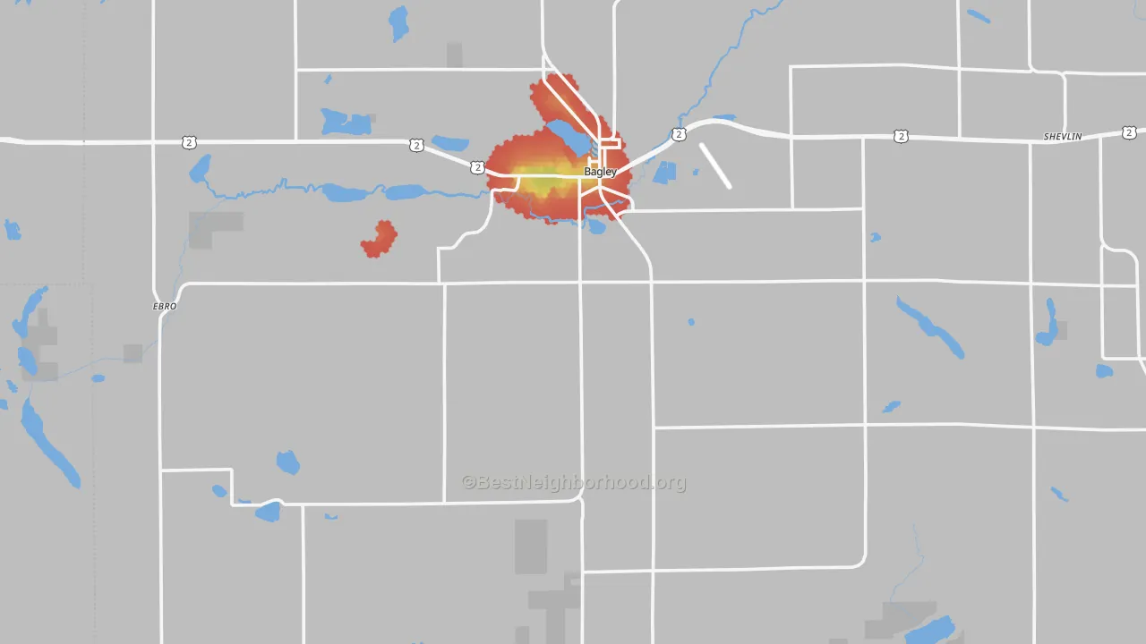 Walk Grade map of 56621, MN, walkable areas in green and car-dependent areas in red