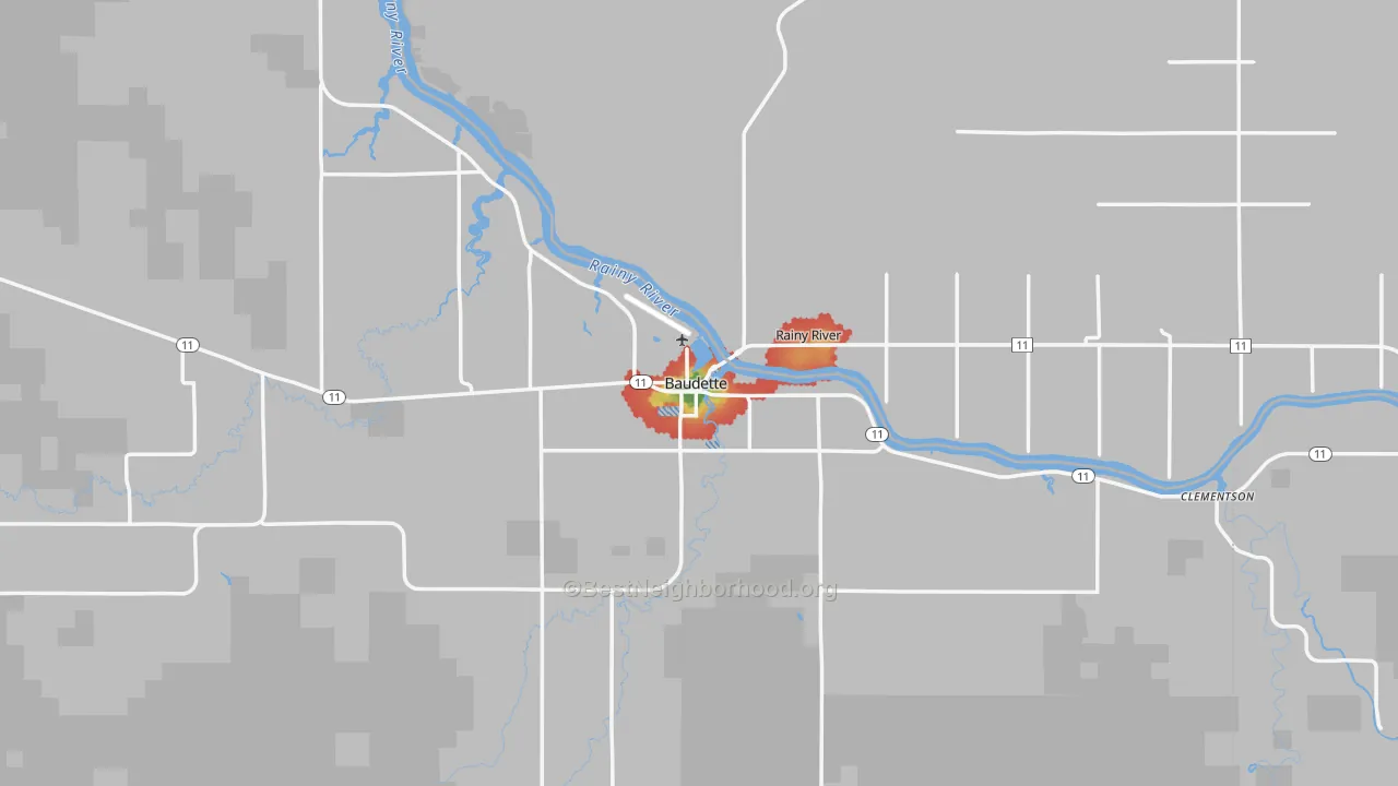 Walk Grade map of 56623, MN, walkable areas in green and car-dependent areas in red