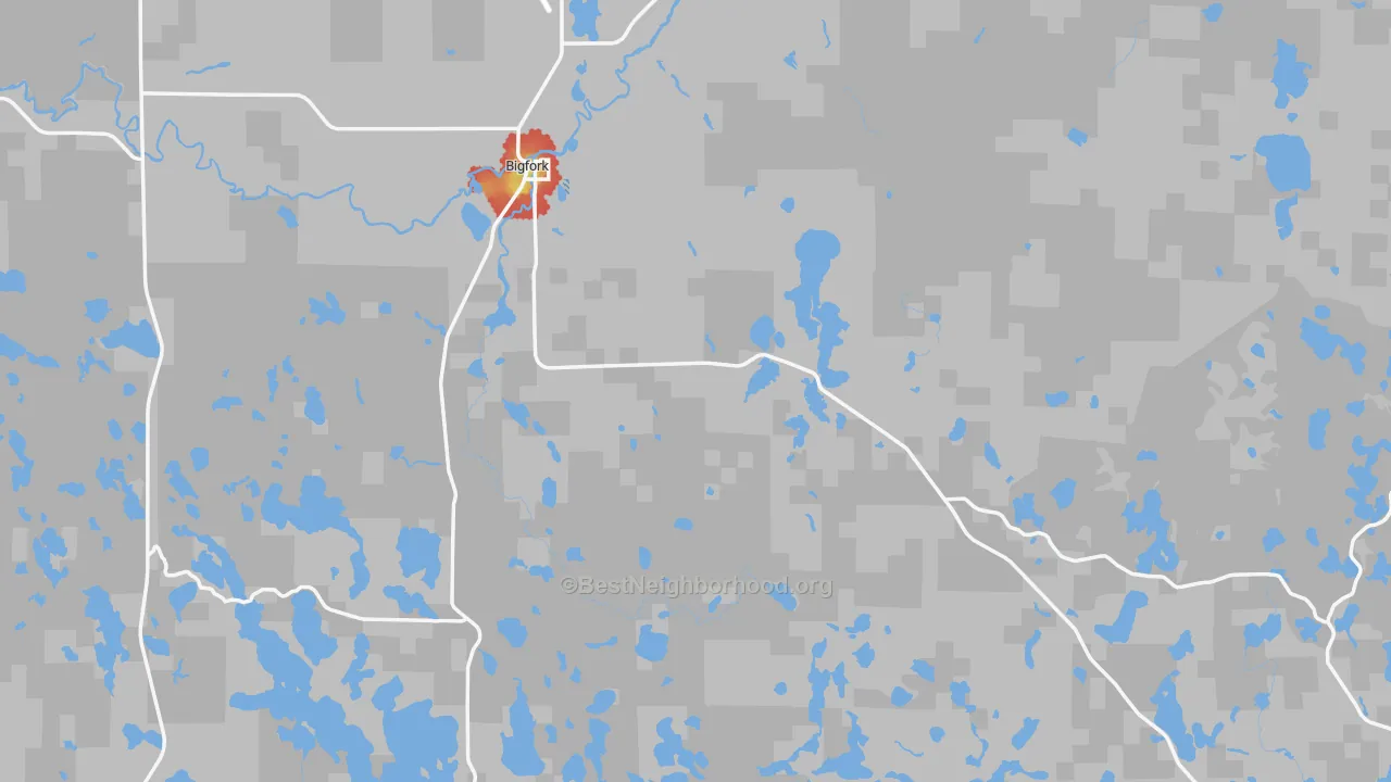 Walk Grade map of 56628, MN, walkable areas in green and car-dependent areas in red
