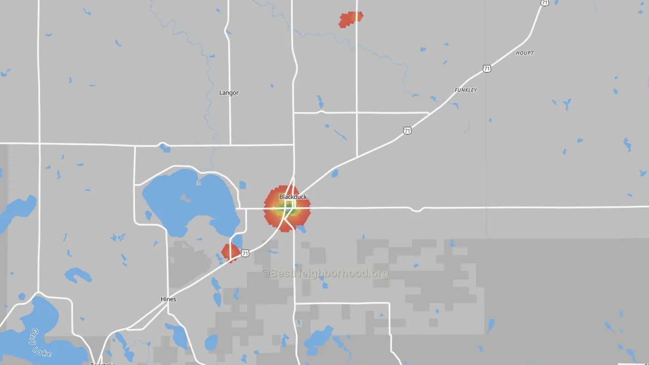 Walk Grade map of 56630, MN, walkable areas in green and car-dependent areas in red