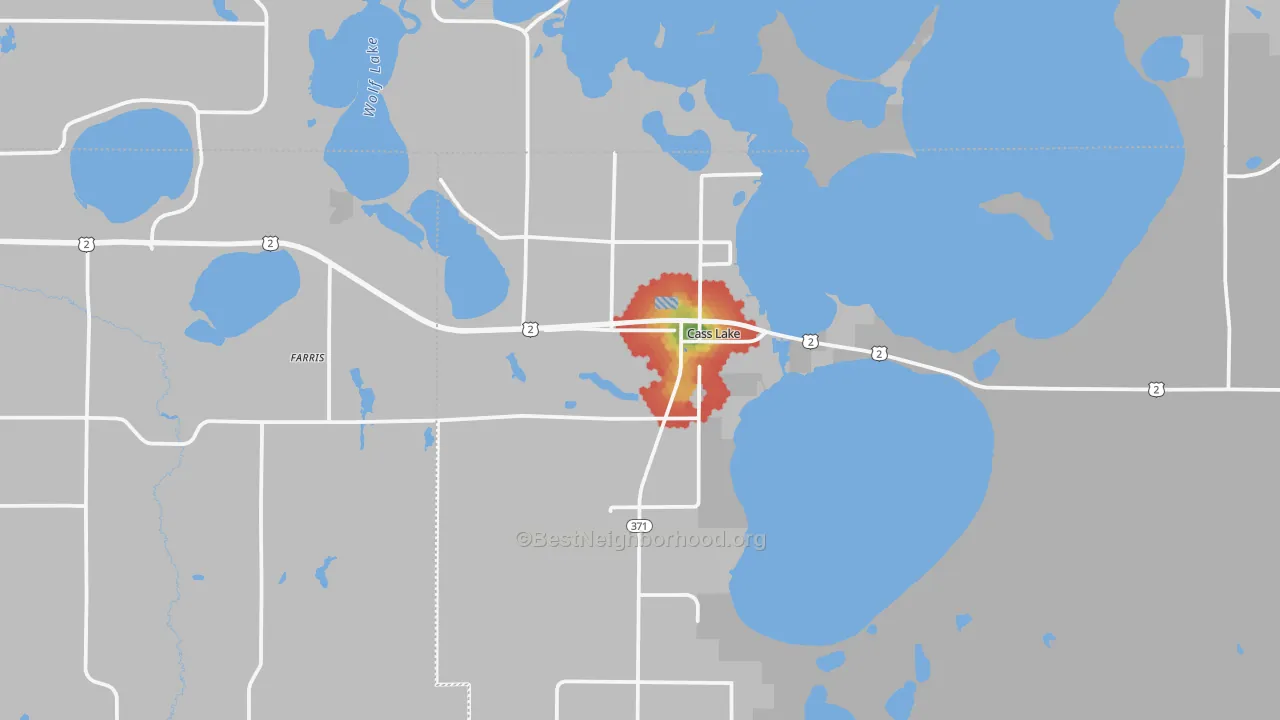 Walk Grade map of 56633, MN, walkable areas in green and car-dependent areas in red