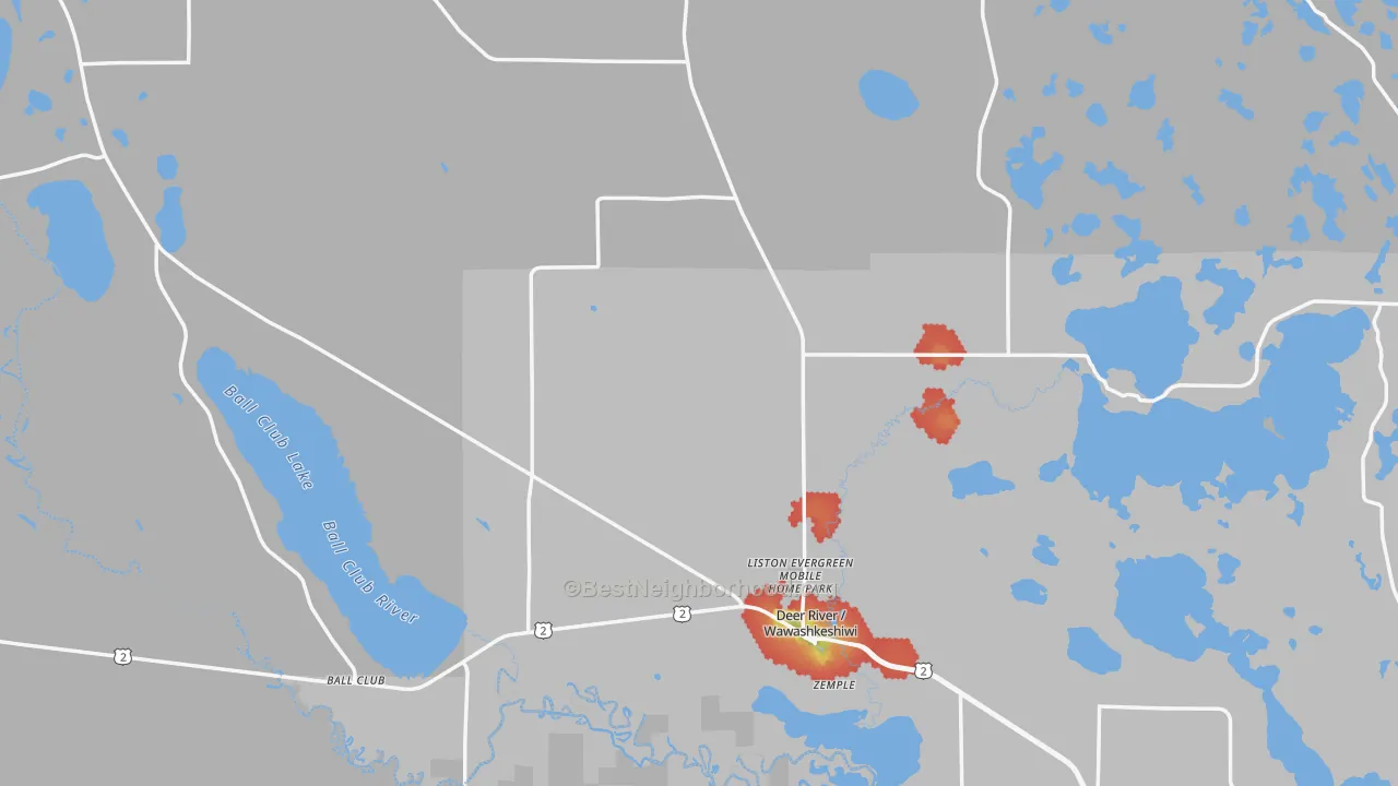 Walk Grade map of 56636, MN, walkable areas in green and car-dependent areas in red
