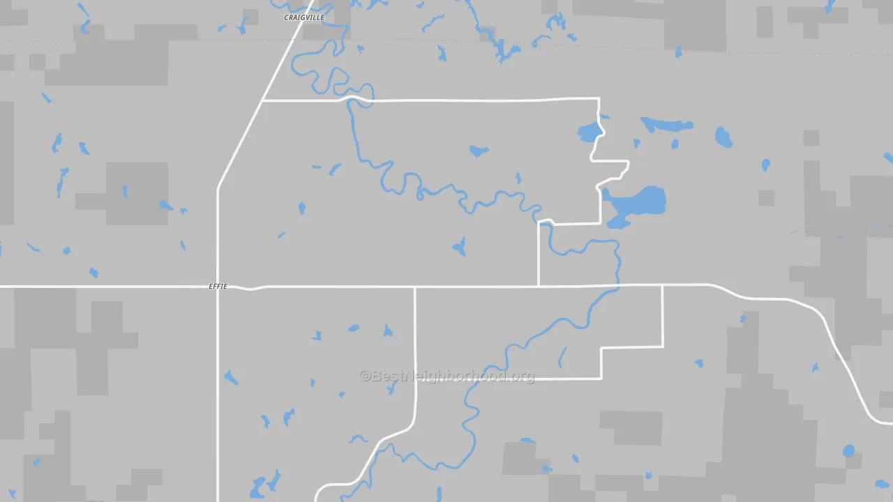 Walk Grade map of 56639, MN, walkable areas in green and car-dependent areas in red