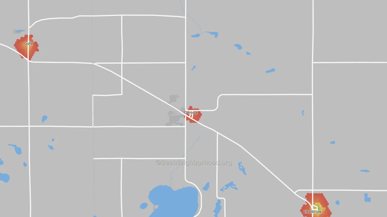 Walk Grade map of 56644, MN, walkable areas in green and car-dependent areas in red