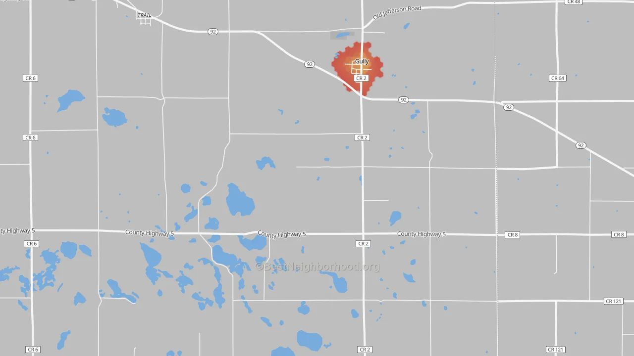 Walk Grade map of 56646, MN, walkable areas in green and car-dependent areas in red