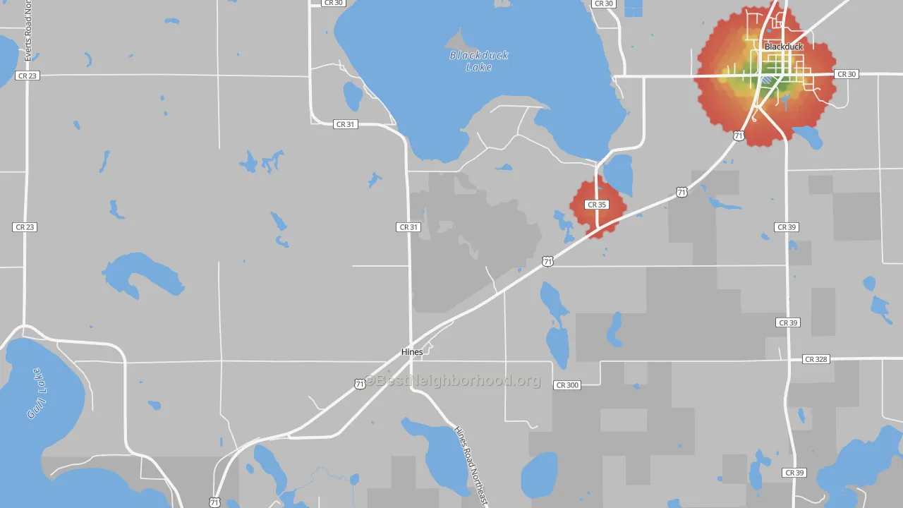 Walk Grade map of 56647, MN, walkable areas in green and car-dependent areas in red
