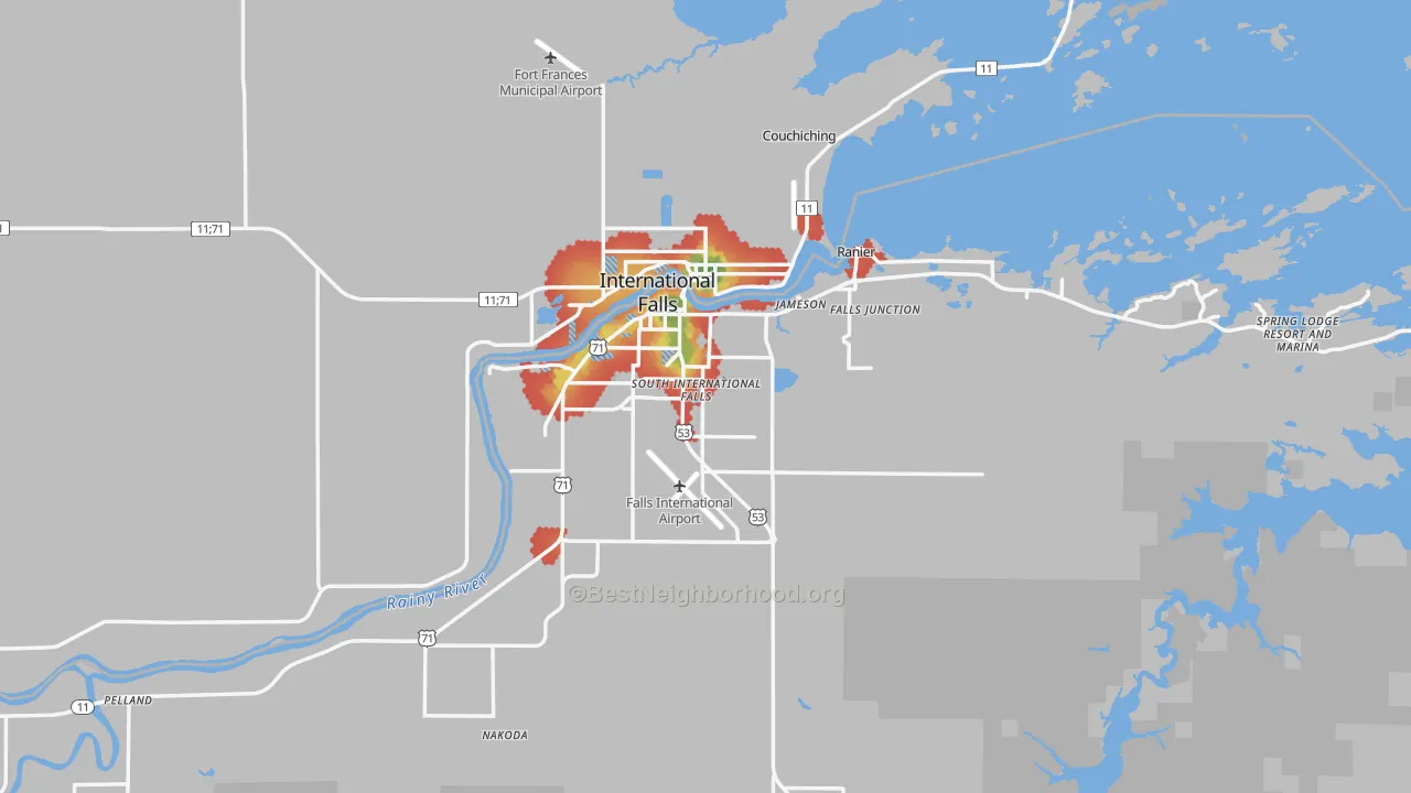 Walk Grade map of 56649, MN, walkable areas in green and car-dependent areas in red