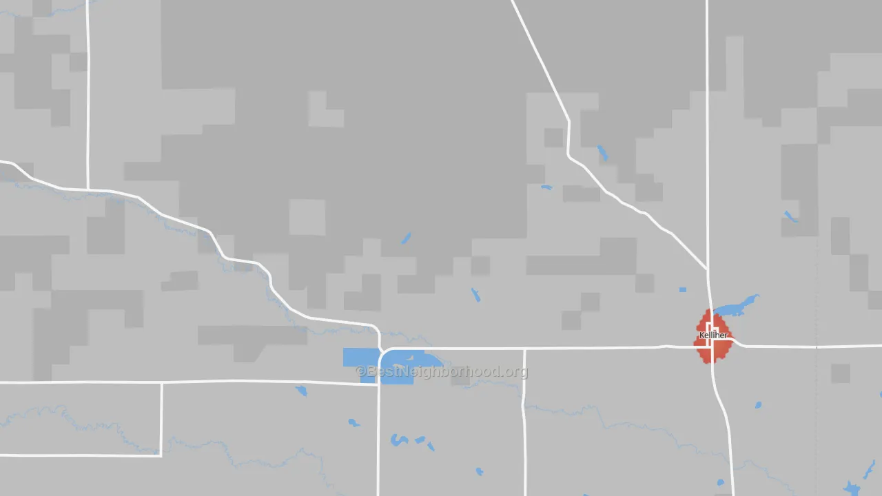 Walk Grade map of 56650, MN, walkable areas in green and car-dependent areas in red