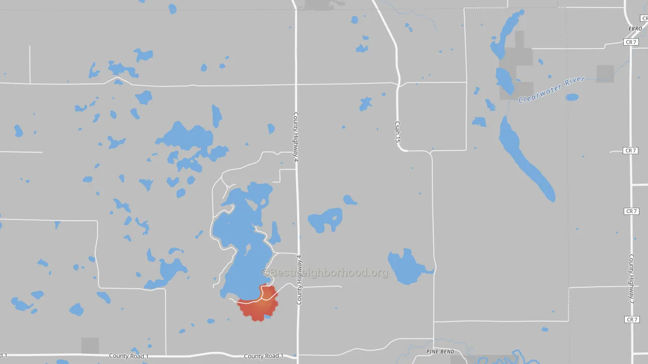 Walk Grade map of 56651, MN, walkable areas in green and car-dependent areas in red