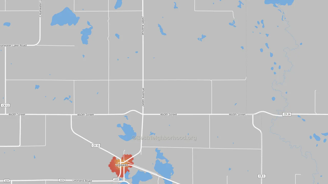 Walk Grade map of 56652, MN, walkable areas in green and car-dependent areas in red