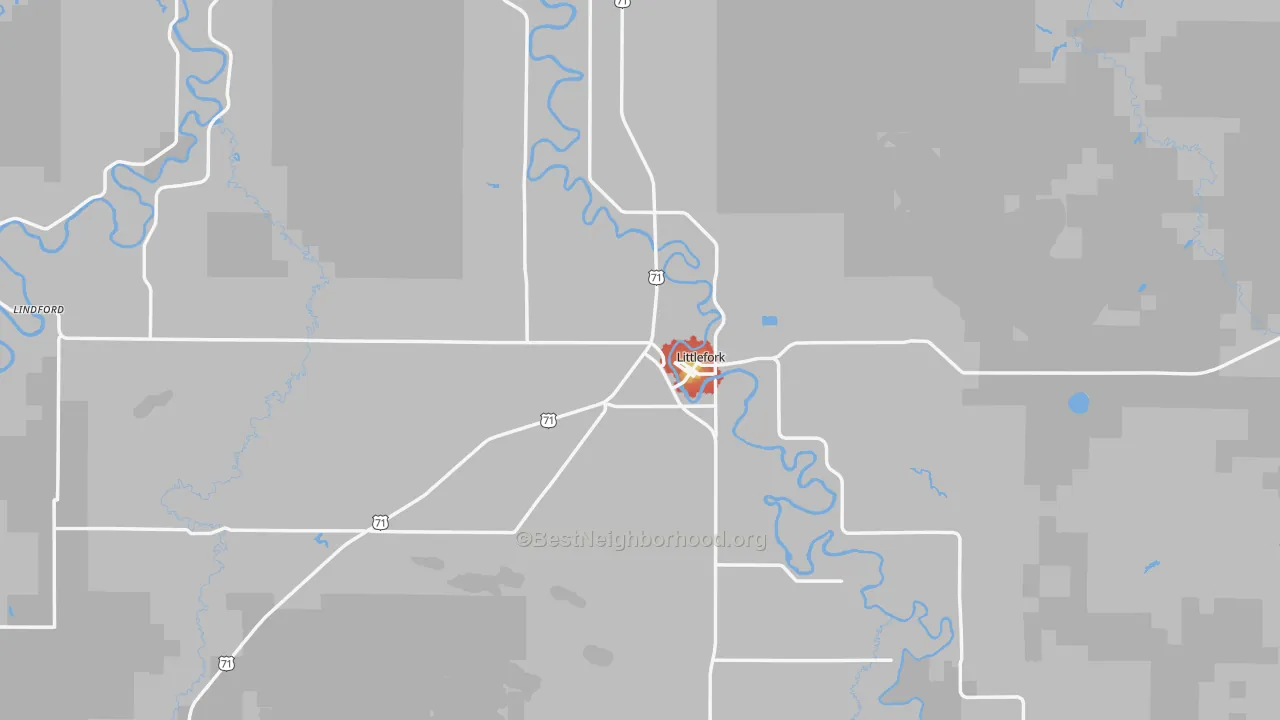 Walk Grade map of 56653, MN, walkable areas in green and car-dependent areas in red