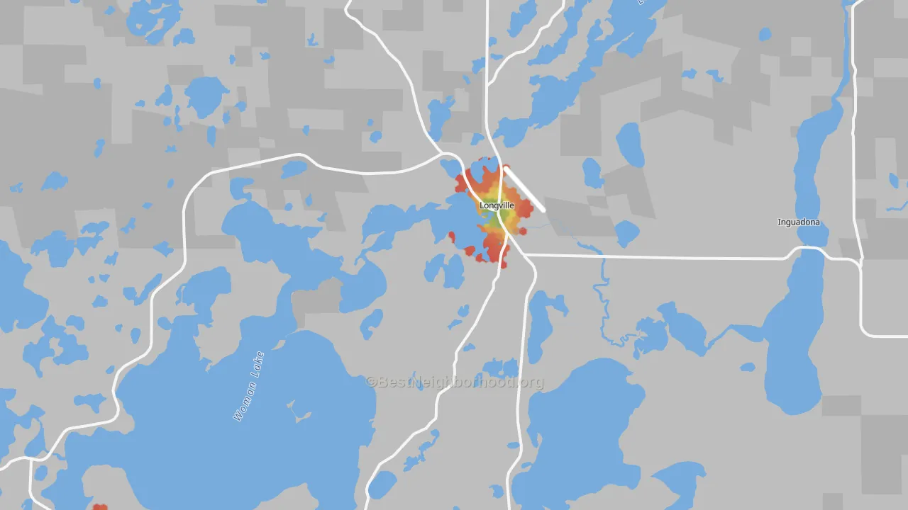Walk Grade map of 56655, MN, walkable areas in green and car-dependent areas in red