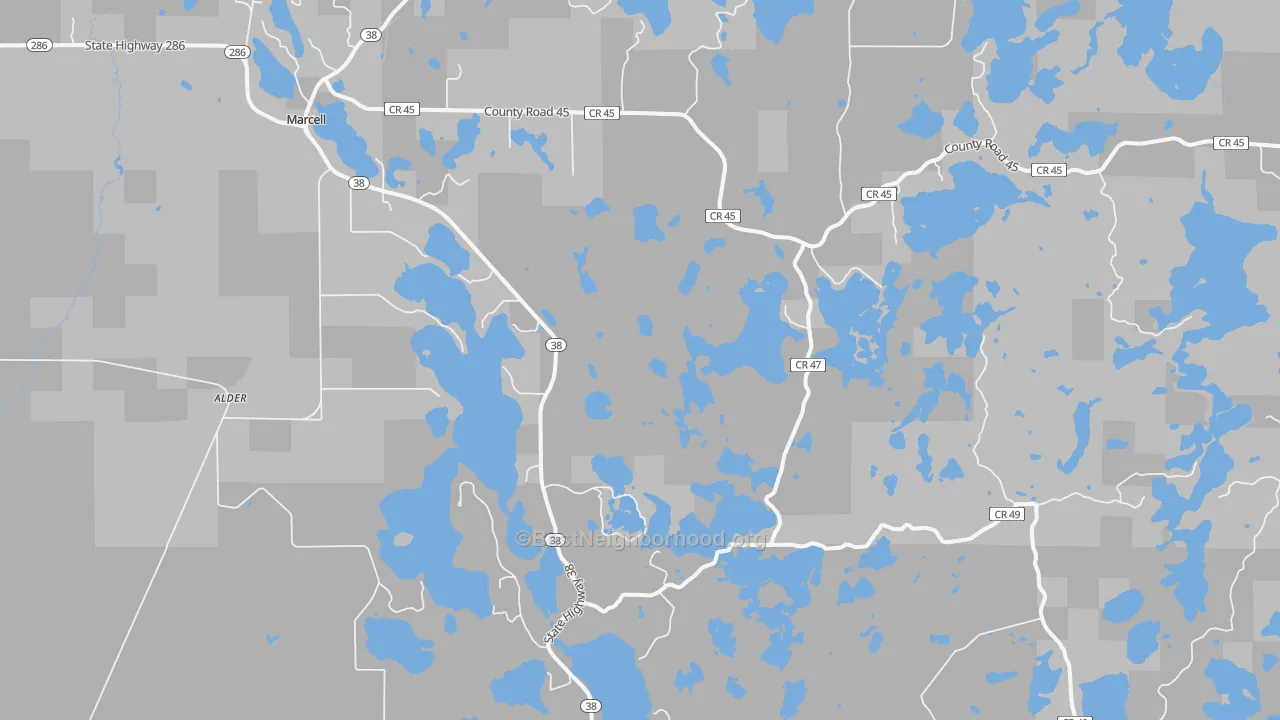 Walk Grade map of 56657, MN, walkable areas in green and car-dependent areas in red