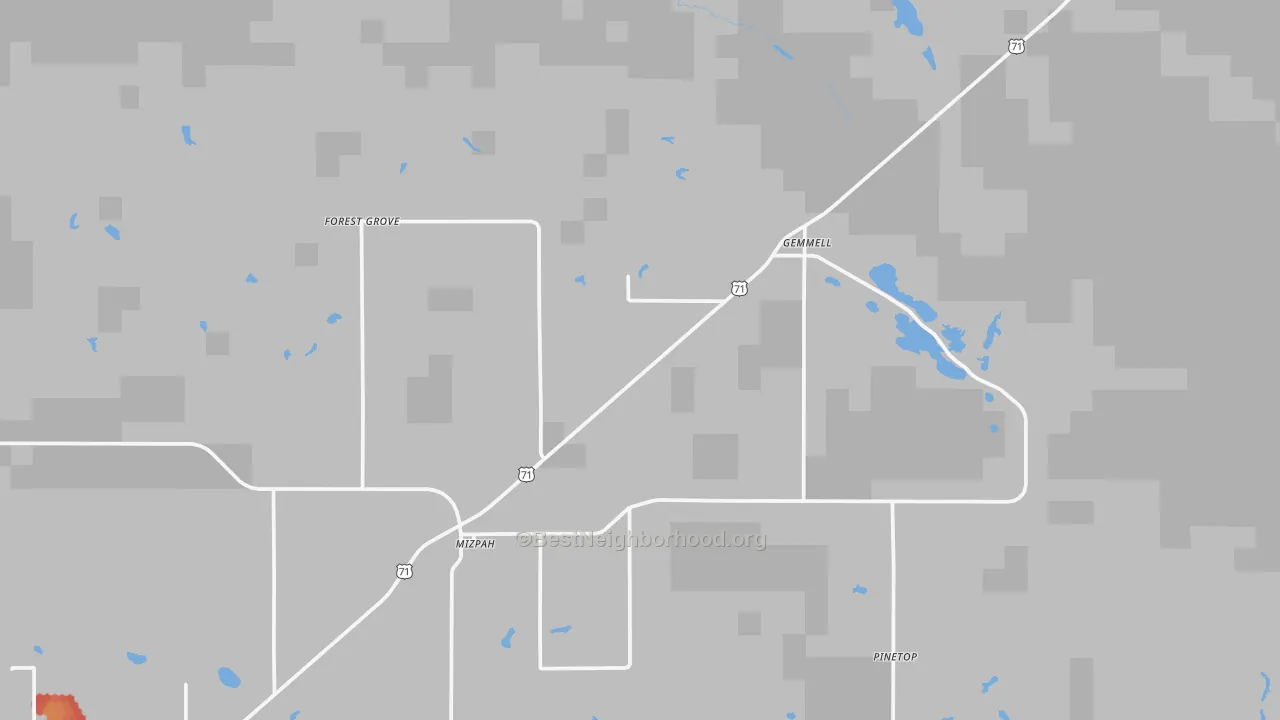 Walk Grade map of 56660, MN, walkable areas in green and car-dependent areas in red