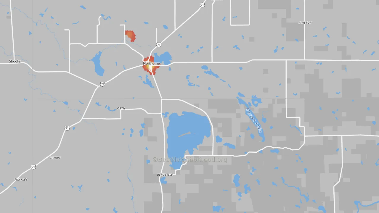 Walk Grade map of 56661, MN, walkable areas in green and car-dependent areas in red