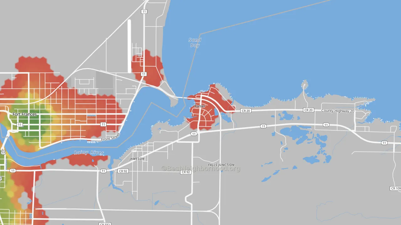 Walk Grade map of 56668, MN, walkable areas in green and car-dependent areas in red