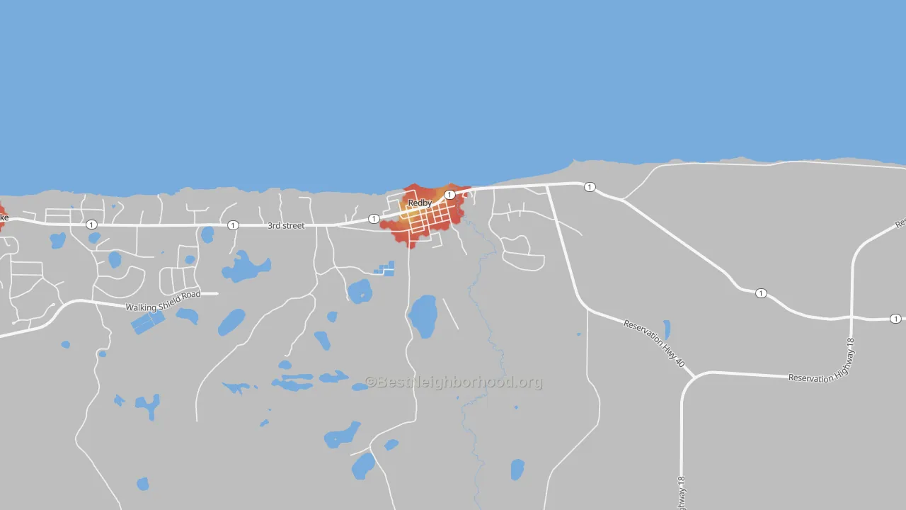 Walk Grade map of 56670, MN, walkable areas in green and car-dependent areas in red