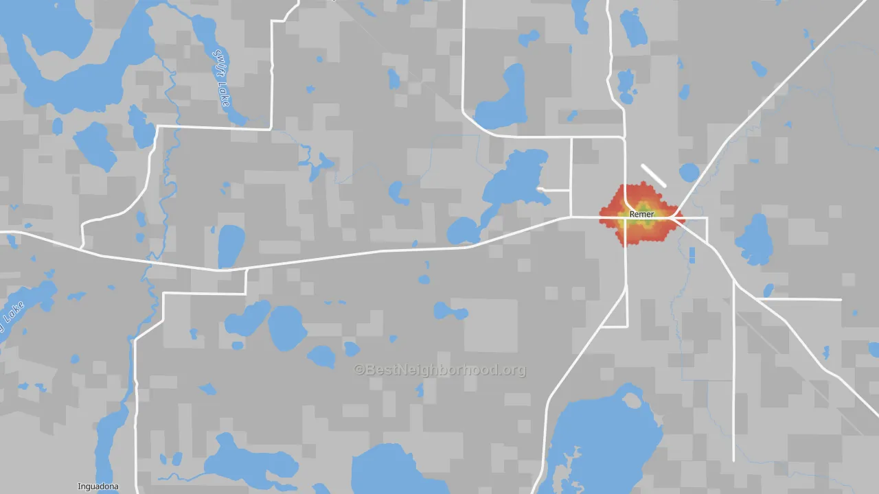 Walk Grade map of 56672, MN, walkable areas in green and car-dependent areas in red