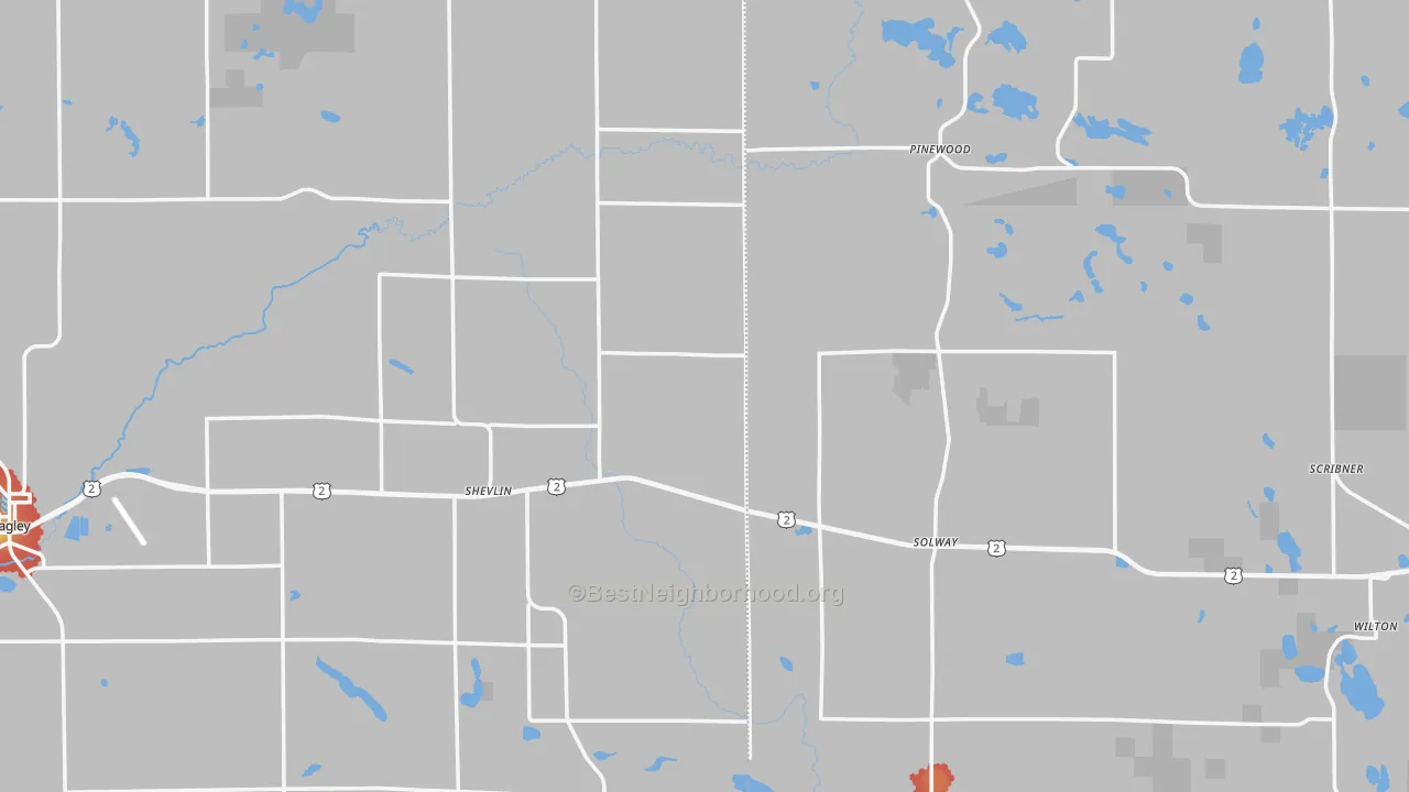 Walk Grade map of 56676, MN, walkable areas in green and car-dependent areas in red