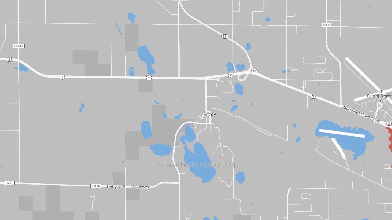 Walk Grade map of 56687, MN, walkable areas in green and car-dependent areas in red