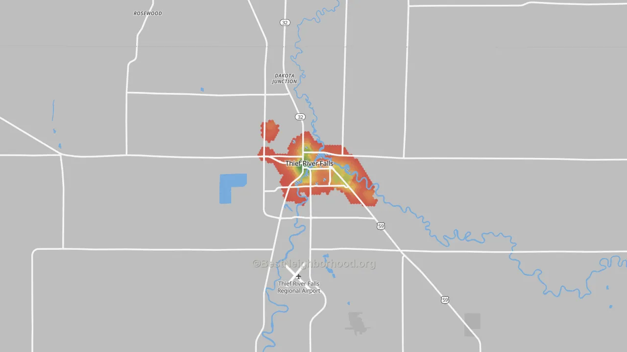 Walk Grade map of 56701, MN, walkable areas in green and car-dependent areas in red