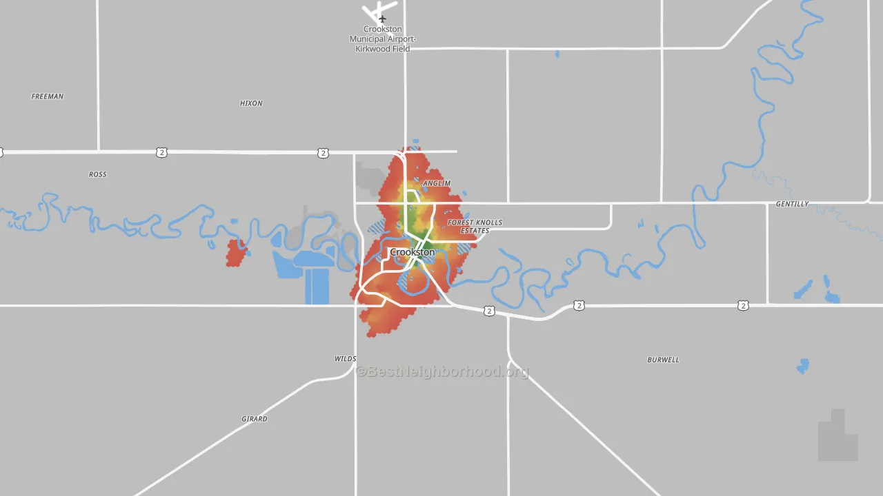 Walk Grade map of 56716, MN, walkable areas in green and car-dependent areas in red