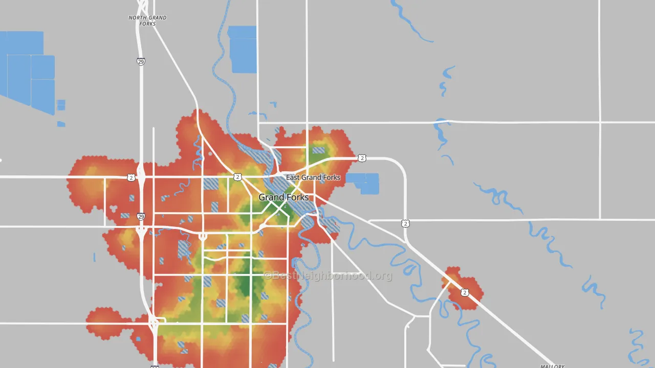 Walk Grade map of 56721, MN, walkable areas in green and car-dependent areas in red