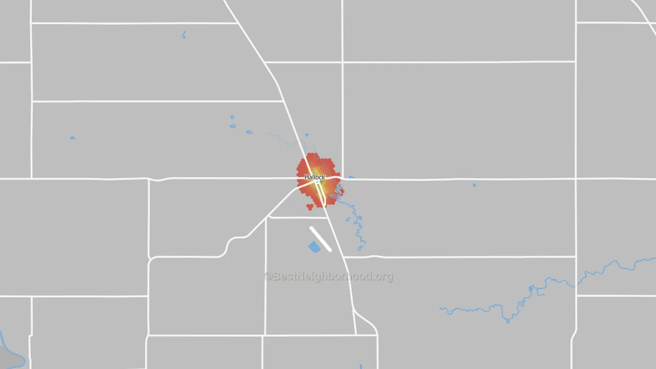 Walk Grade map of 56728, MN, walkable areas in green and car-dependent areas in red