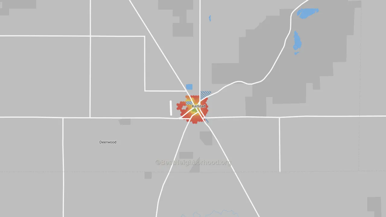 Walk Grade map of 56732, MN, walkable areas in green and car-dependent areas in red
