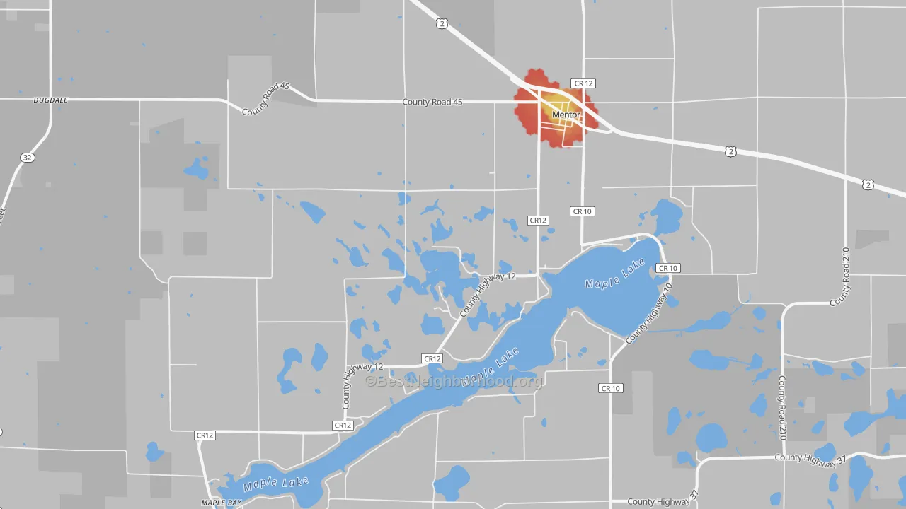 Walk Grade map of 56736, MN, walkable areas in green and car-dependent areas in red