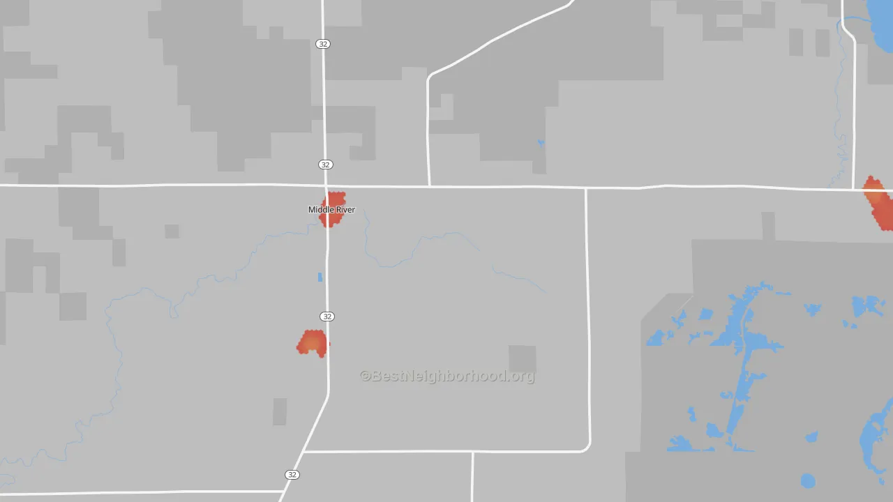 Walk Grade map of 56737, MN, walkable areas in green and car-dependent areas in red