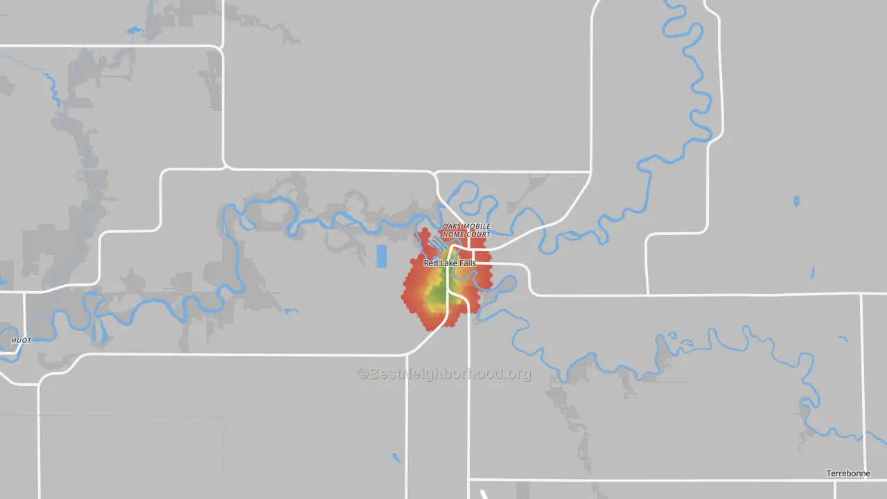 Walk Grade map of 56750, MN, walkable areas in green and car-dependent areas in red