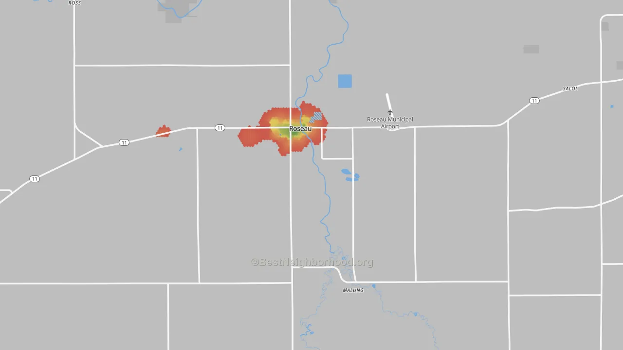 Walk Grade map of 56751, MN, walkable areas in green and car-dependent areas in red