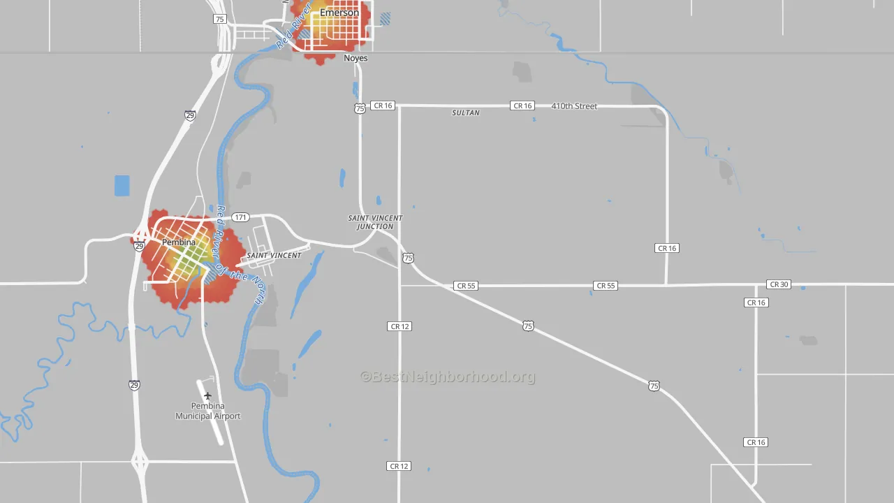Walk Grade map of 56755, MN, walkable areas in green and car-dependent areas in red