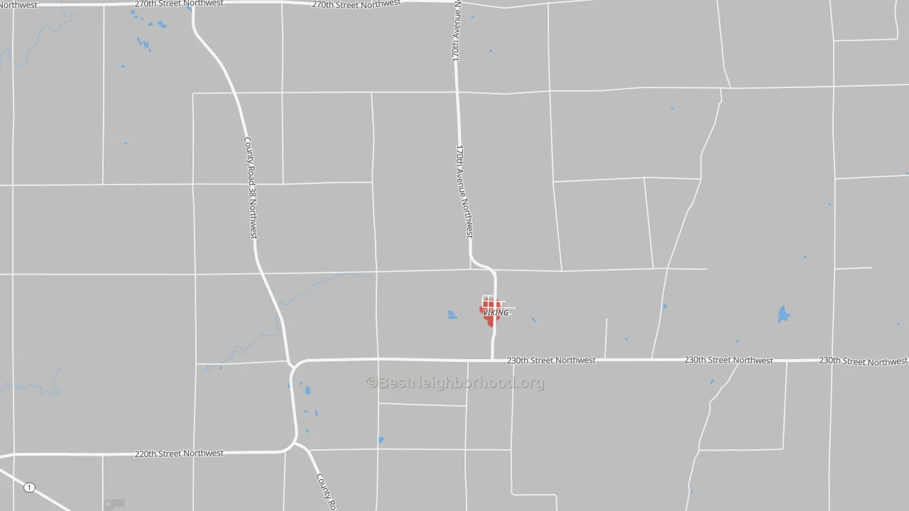 Walk Grade map of 56760, MN, walkable areas in green and car-dependent areas in red