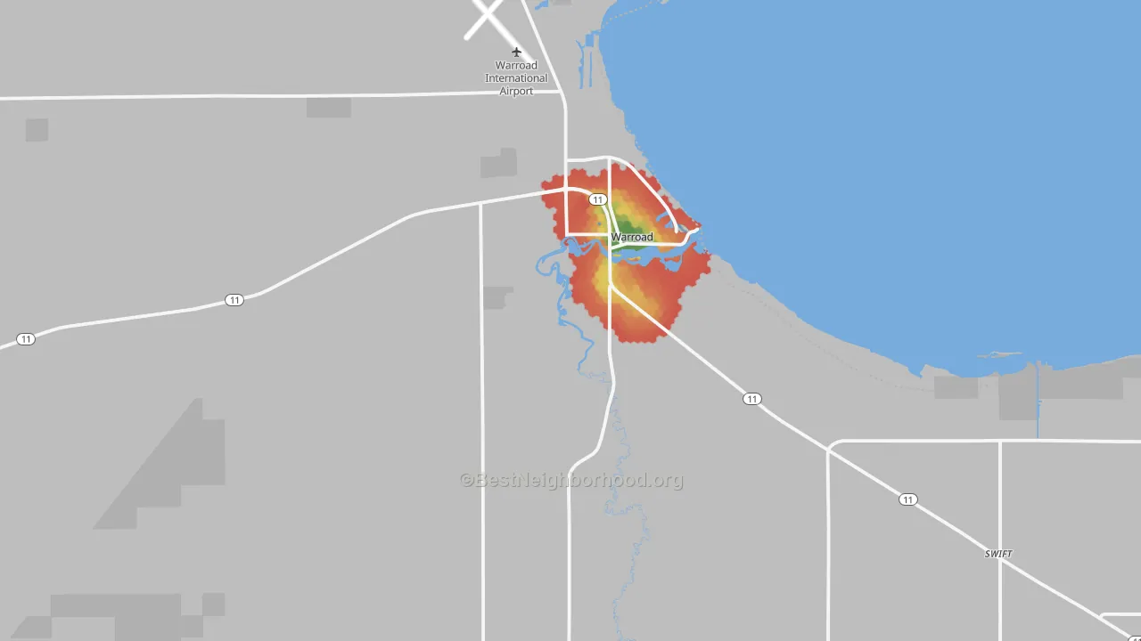 Walk Grade map of 56763, MN, walkable areas in green and car-dependent areas in red