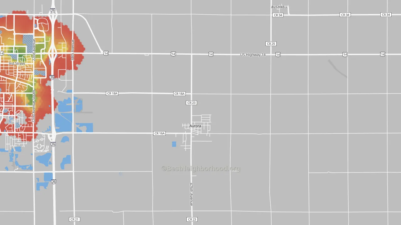 Walk Grade map of 57002, SD, walkable areas in green and car-dependent areas in red
