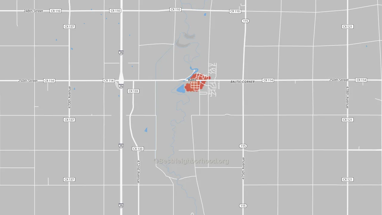 Walk Grade map of 57003, SD, walkable areas in green and car-dependent areas in red