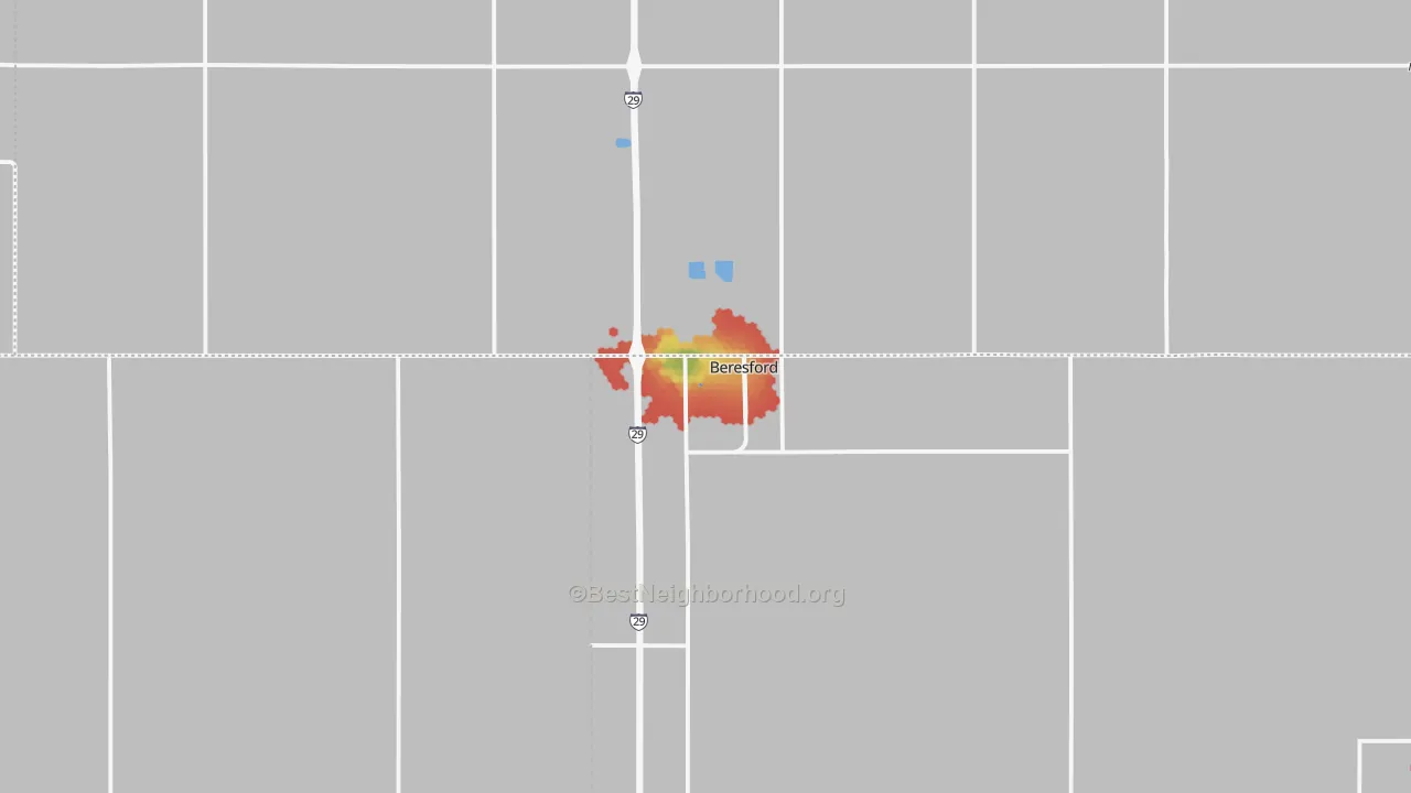 Walk Grade map of 57004, SD, walkable areas in green and car-dependent areas in red