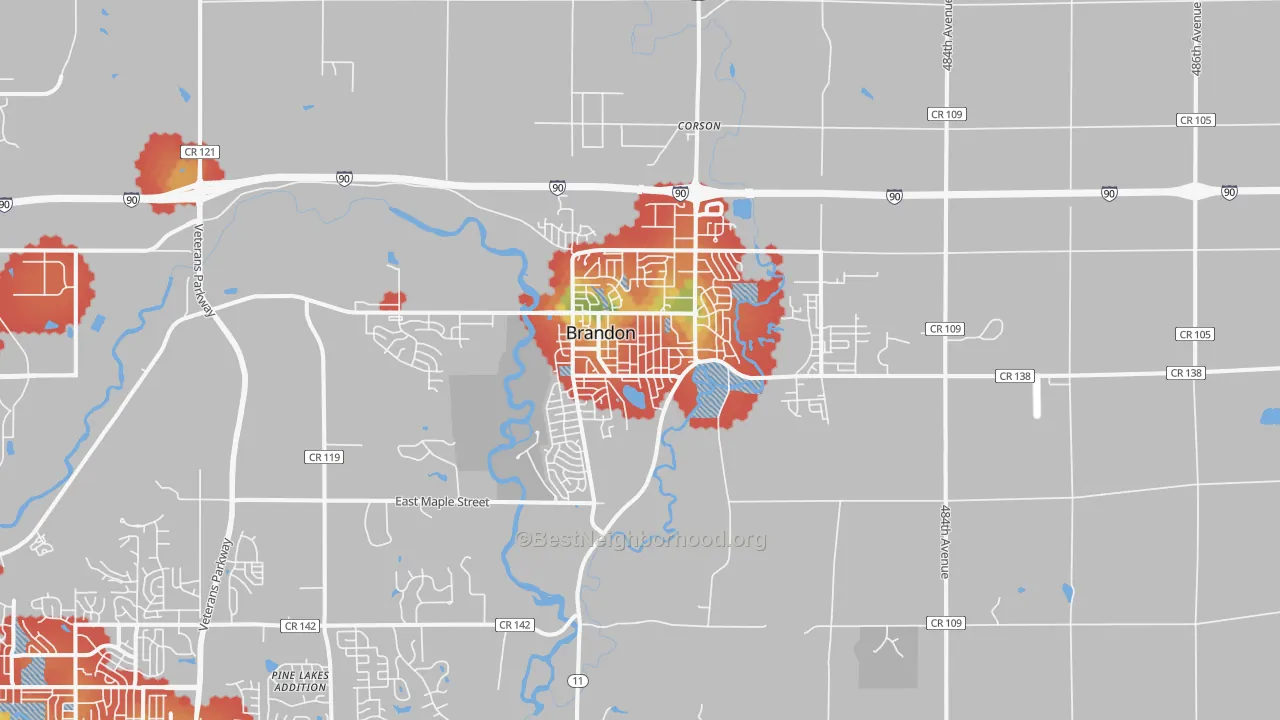 Walk Grade map of 57005, SD, walkable areas in green and car-dependent areas in red