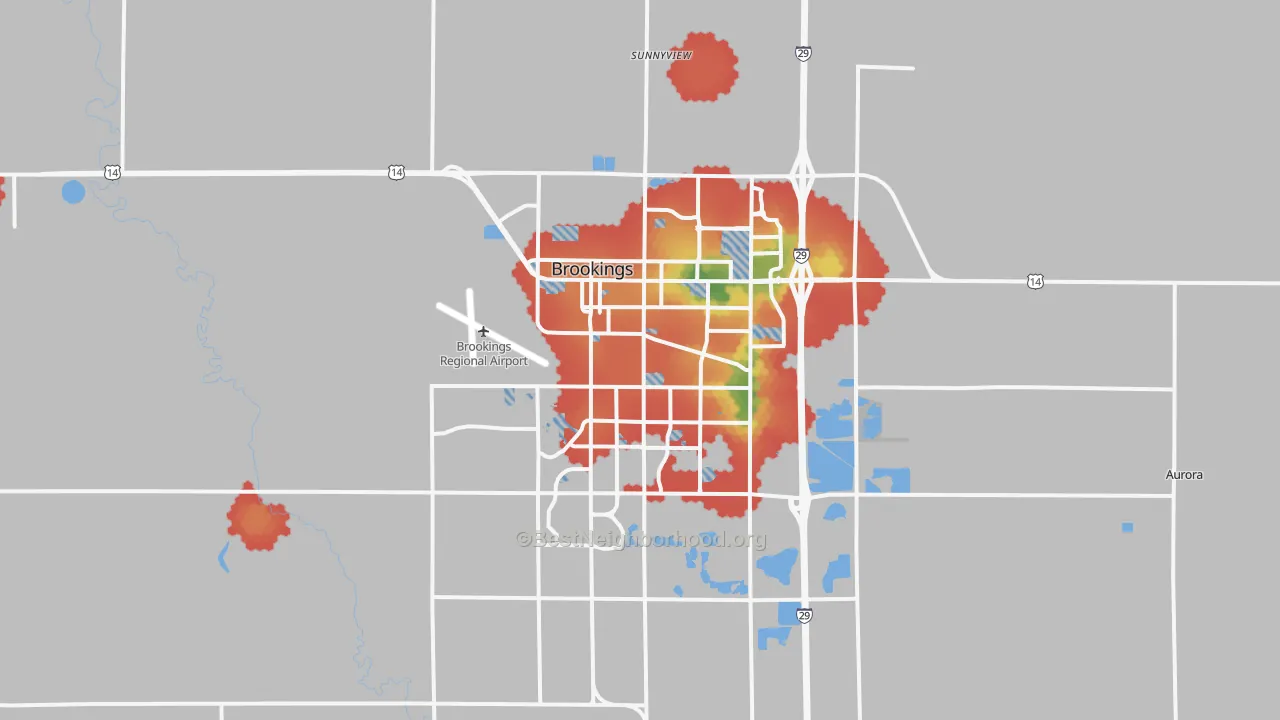 Walk Grade map of 57006, SD, walkable areas in green and car-dependent areas in red