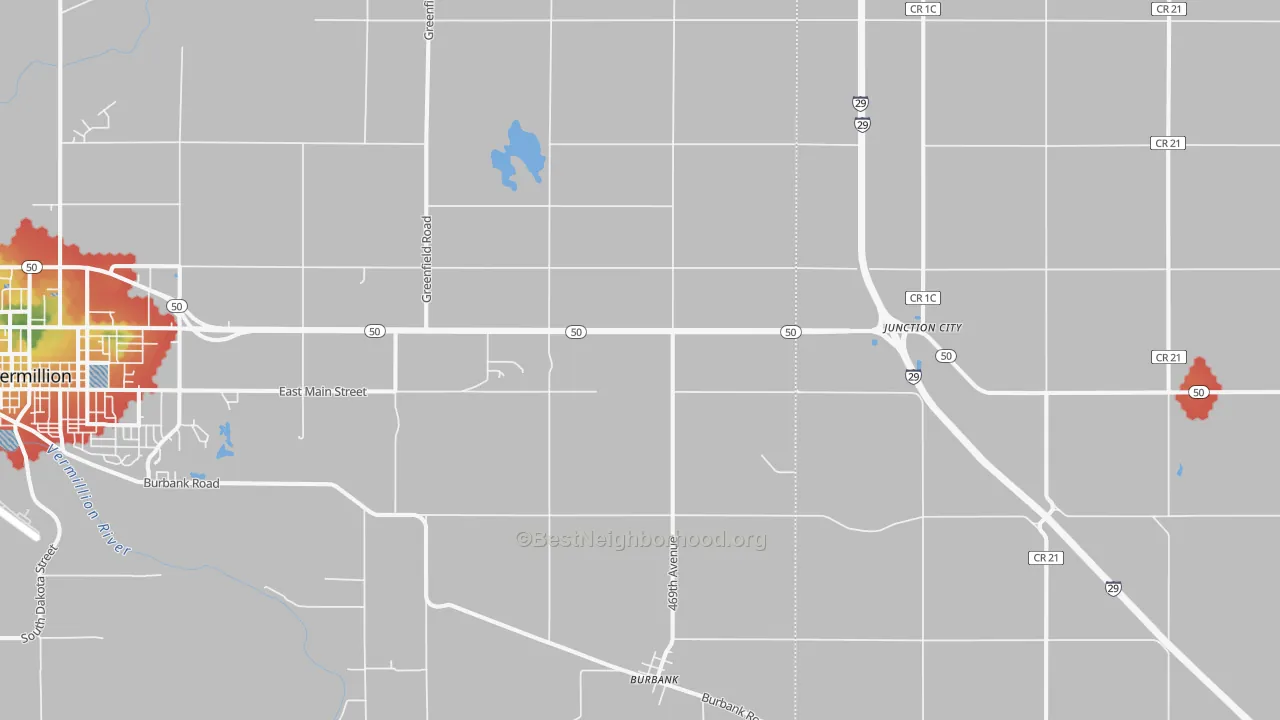 Walk Grade map of 57010, SD, walkable areas in green and car-dependent areas in red