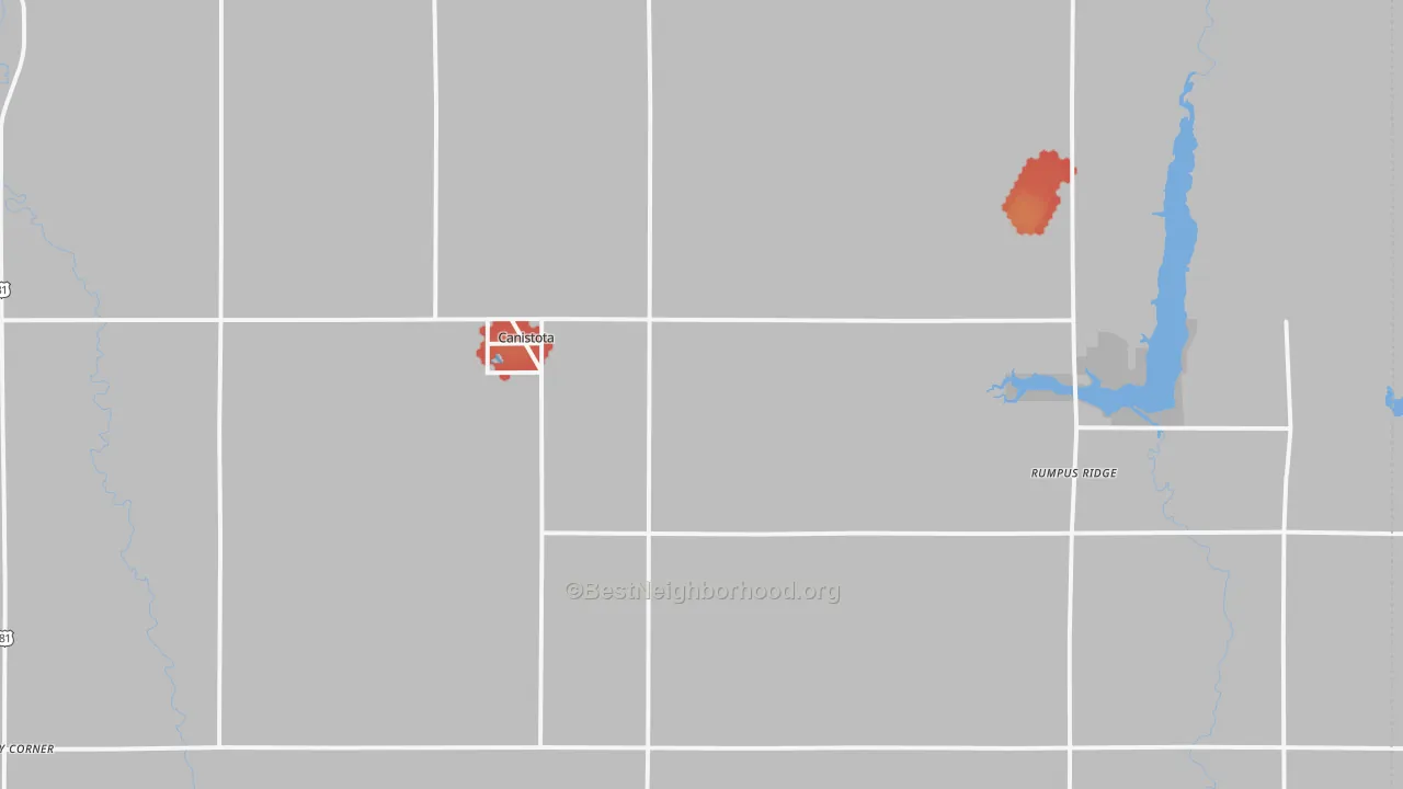 Walk Grade map of 57012, SD, walkable areas in green and car-dependent areas in red