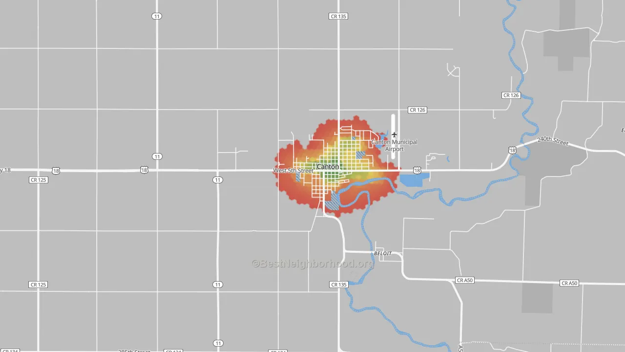 Walk Grade map of 57013, SD, walkable areas in green and car-dependent areas in red