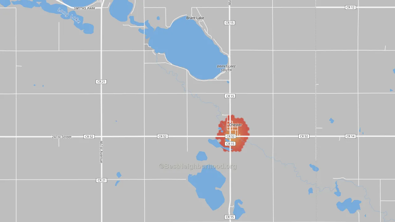 Walk Grade map of 57016, SD, walkable areas in green and car-dependent areas in red