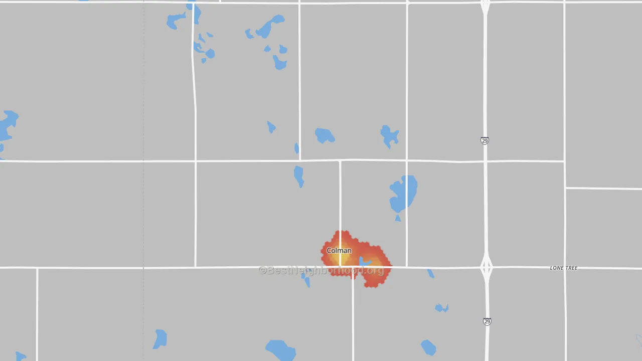 Walk Grade map of 57017, SD, walkable areas in green and car-dependent areas in red