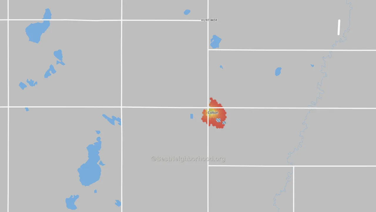 Walk Grade map of 57018, SD, walkable areas in green and car-dependent areas in red