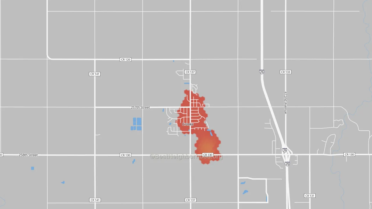 Walk Grade map of 57020, SD, walkable areas in green and car-dependent areas in red