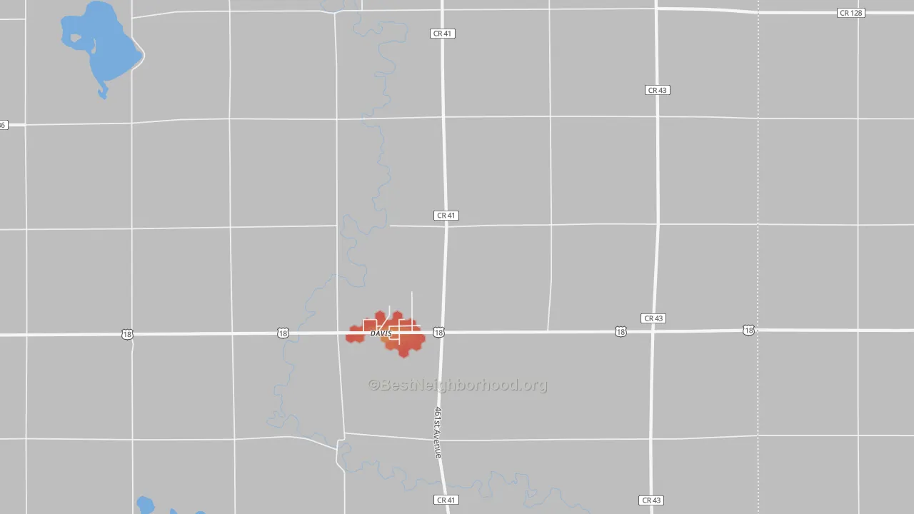 Walk Grade map of 57021, SD, walkable areas in green and car-dependent areas in red